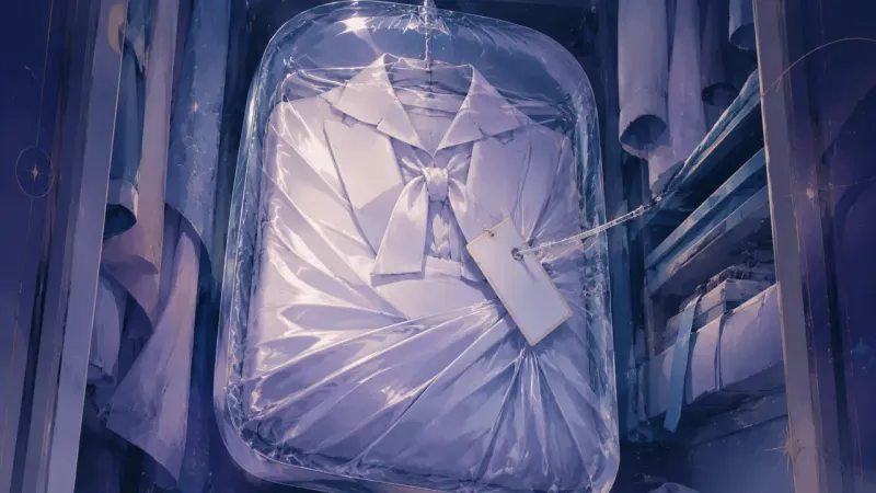a perfectly smooth garment flattened by clear plastic, with the tag tether acting like a tiny leash The Closet of Kept Potential
