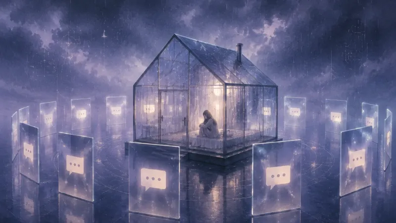 a ring of glowing message-tiles pressed close to the glass, reflections multiplying inside The Glass-House Vigil