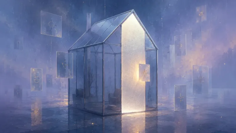 a single frosted boundary pane that interrupts every reflection The Confidential Pane