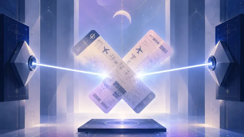crossed boarding passes held in midair by two perfectly equal scanning beams The Stalemate at Gate