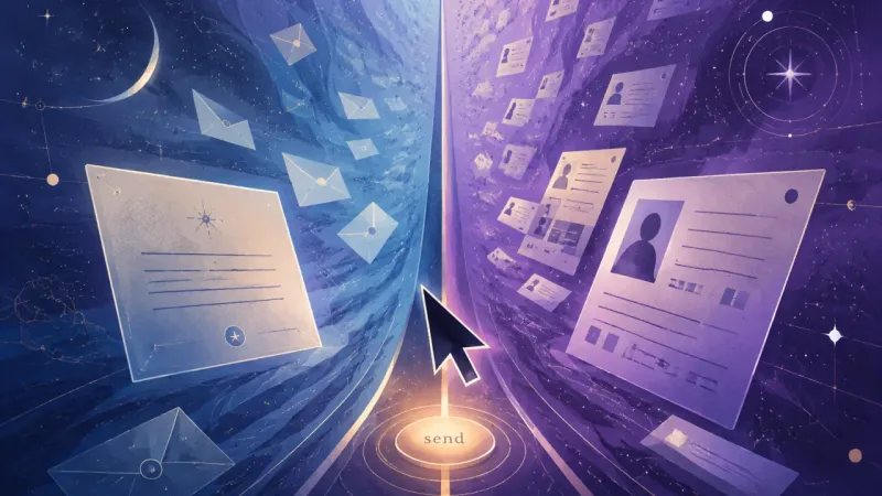 the cursor suspended over the send control while two equally loud lanes of information flow in opposite directions The Hovering