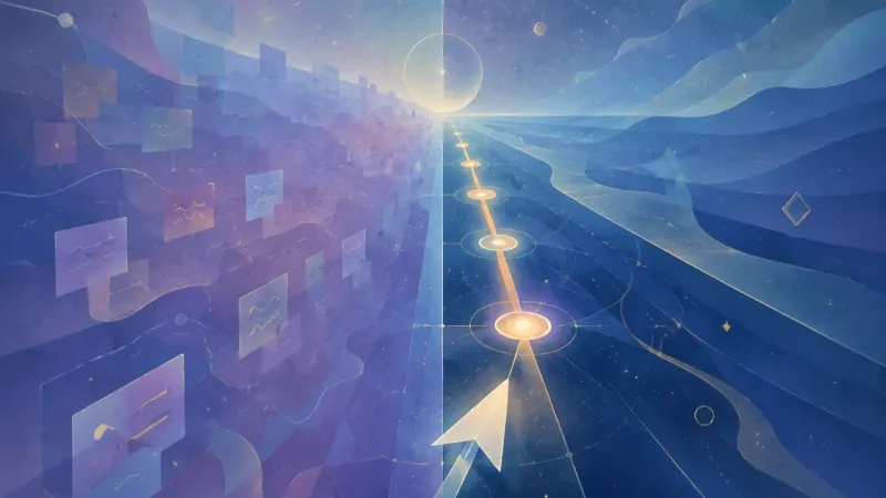 the cursor aligned with one luminous lane of checkpoints while the other lane fades to background drift The Checkpoint Axis