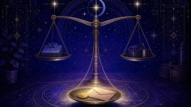 one pan decisively lowered while the other two recede into stillness The First Weight, Set