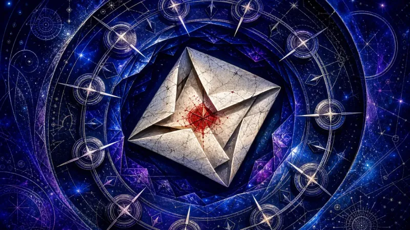 a red-stained note compressed by a ring of identical ticks The Folding Verdict