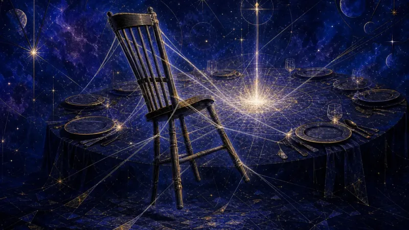 a dining chair pulled off balance by multiple converging conversation lines The Seat Kept on Call