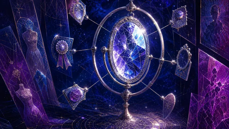 a mirror pulled off-axis by a ring of approval cues The Borrowed Angle