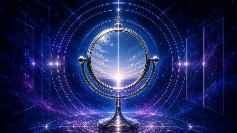 the mirror holding its own axis while outside cues recede to reference marks The Legible Turn