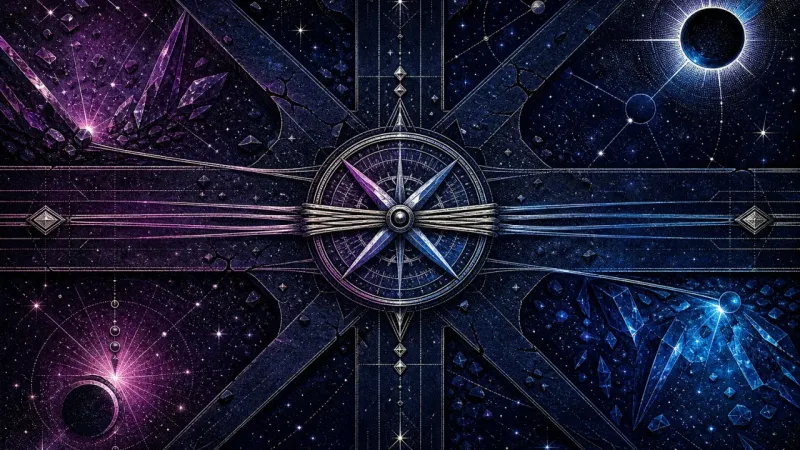 a split compass needle crossed beneath a taut band between twin routes The Grip of Equal Directions