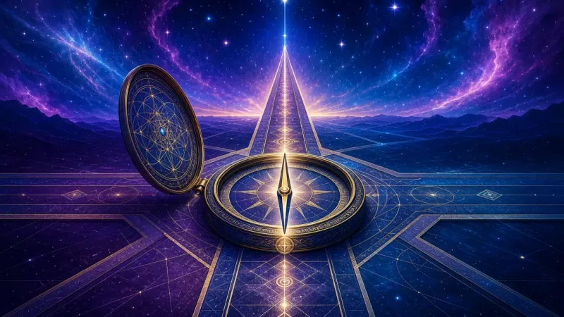a single compass needle settling onto one long outward axis The Emergent Future Axis