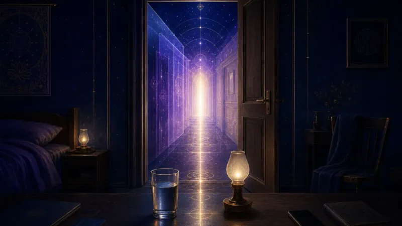 the same doorway holding the old atmosphere outside while a single re-entry line forms within The Line Back In