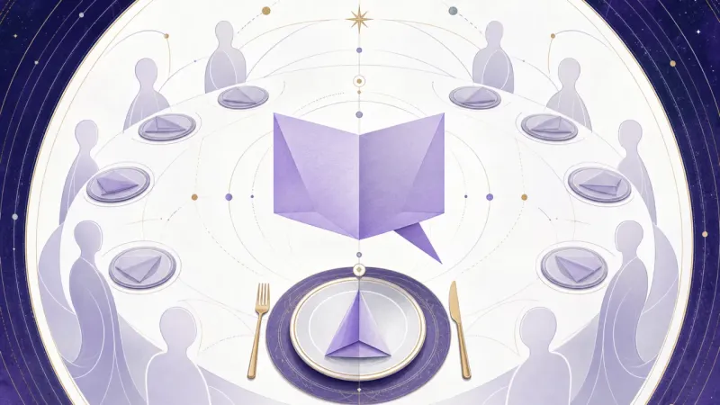 one clean central crease holding an open speech bubble inside a softened social ring The Clear Contribution