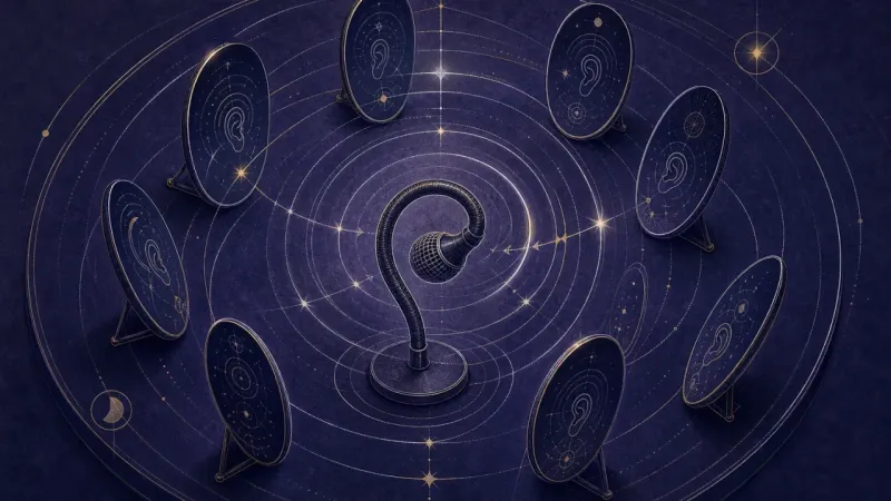 the inward-bent microphone caught in its own returning rings The Mic Turned Inward
