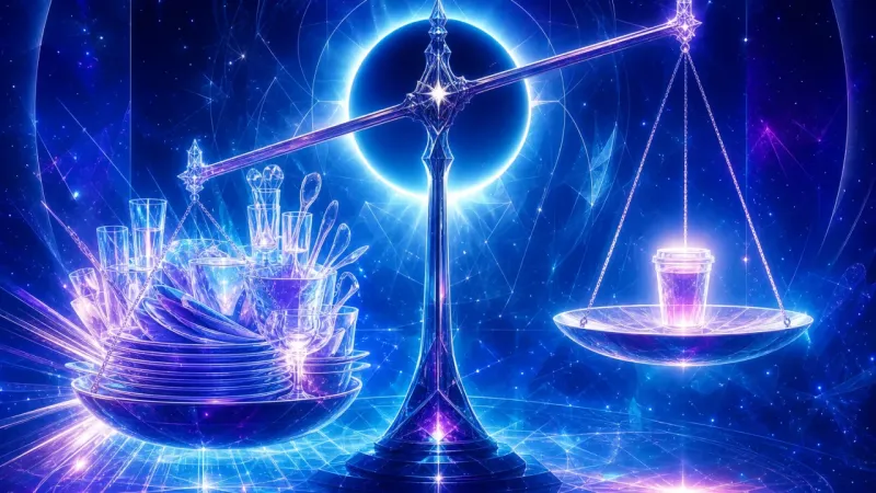 a sealed cup on the light pan opposite a disciplined mass of family tableware The Polite Imbalance