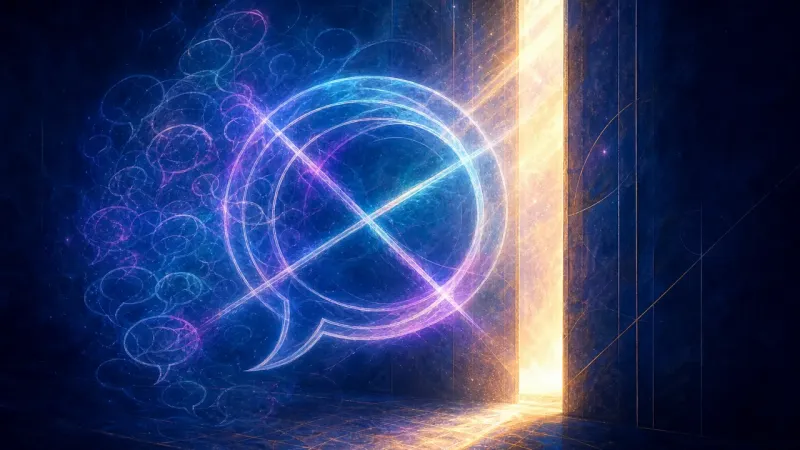 a warm threshold held apart from a chat bubble by its own crossed, multiplying drafts The Threshold of Redaction