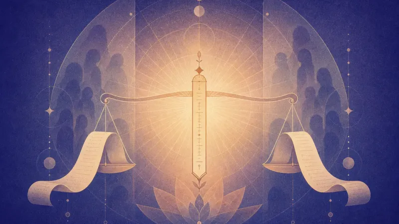 a level scale gathered around one upright measure while old echoes remain behind the wall The Quiet Measure