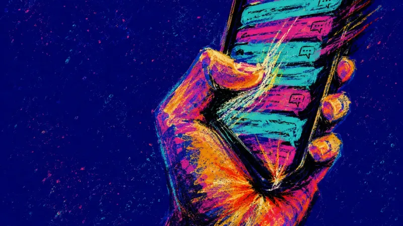 Unread Gravity A hand scrolls through a phone thread packed with unread messages until the grip hardens, symbolingg