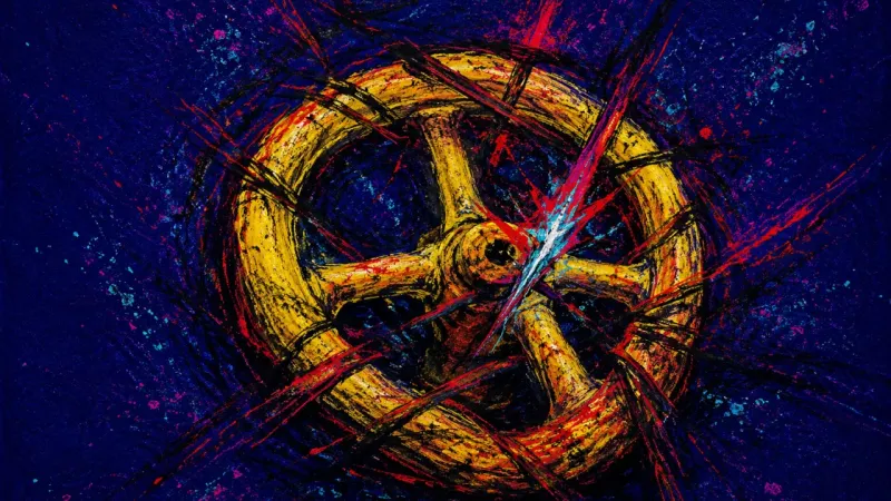Seized Valve A valve wheel appears warped and strangled by chaotic lines, representing family-chat overwhelm, g