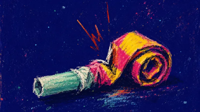 A crushed party blower jammed halfway open, reflecting the split between laughing in public and swll