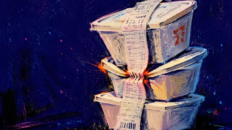 Stacked Silence Three takeout containers are cinched into a leaning stack by a tight receipt strip, suggesting the B