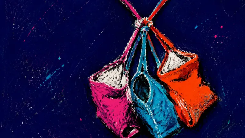Visibility on Hold Three swimsuits clenched together by their straps into a tight bundle, symbolizing body shame turned