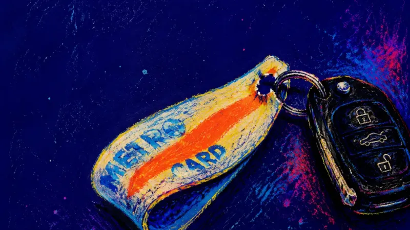Bent Between Routes A transit pass bent into a tight loop around a car fob, symbolizing the strain of choosing between a