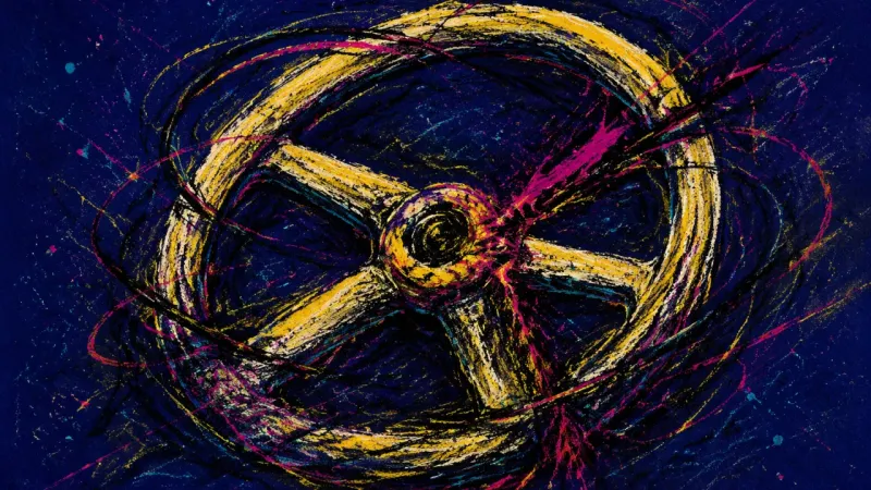 Warped Direction A distorted steering wheel trapped in dense pressure, representing lifestyle choice paralysis, inner