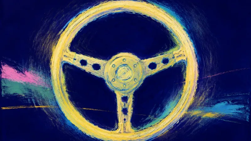 Centered Horizon A centered steering wheel with a clean open structure, representing balance, next-step direction, an