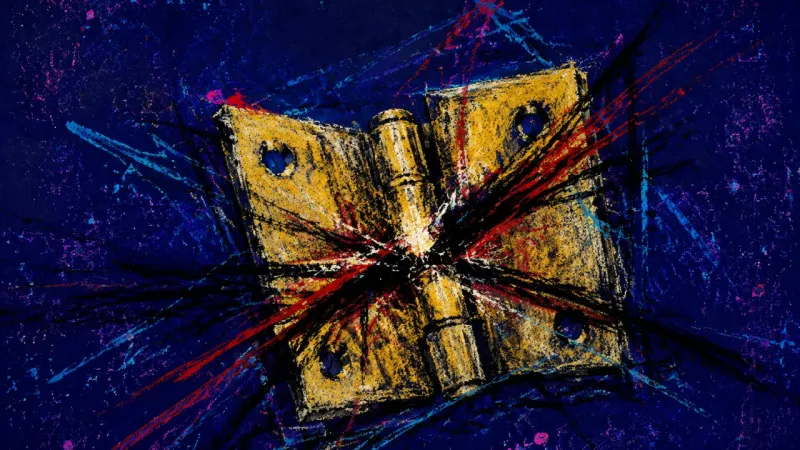 Seized Hinge An abstract hinge trapped in distortion and crossed pressure, representing commitment paralysis and