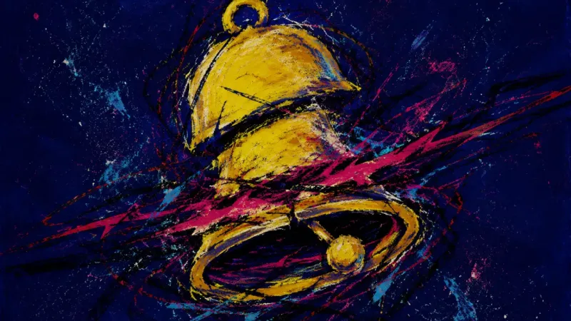 A warped bell trapped in chaotic marks, representing workplace notification panic and the feeling 