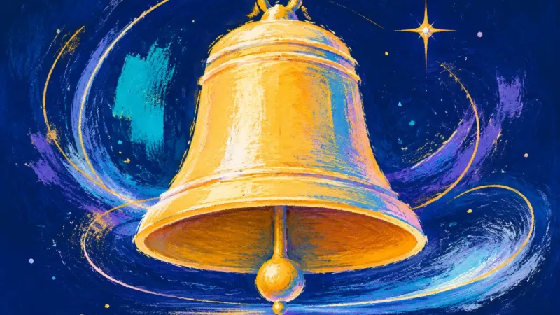 A restored bell with clean balance, representing workplace notification anxiety easing into calm, 