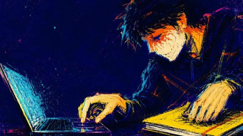 Before the Click A cropped torso over a laptop, one hand hovering above the trackpad while the other presses a blank