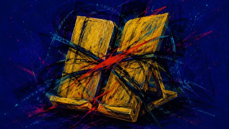 Collapsed Frame A book stand folded inward and trapped in chaotic restraints, representing study paralysis and
