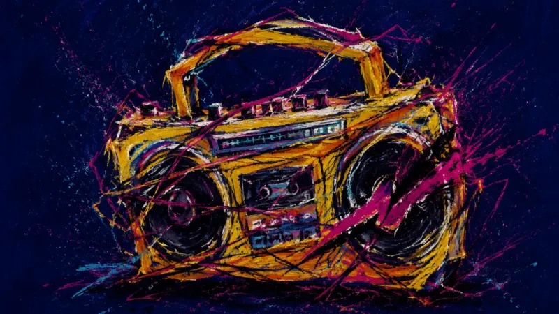 A boombox pulled out of shape and crossed by chaotic marks, expressing fear of judgment and self-cen