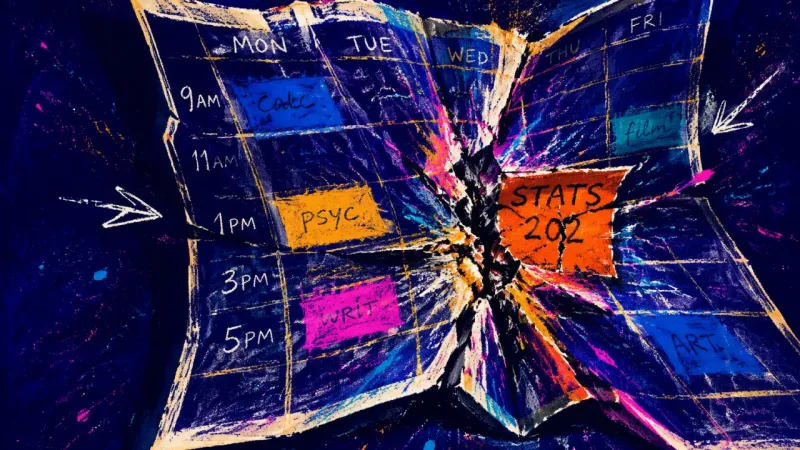 Fracture in the Grid A course timetable folded and refolded until one class block splits at the crossing crease, symboliz