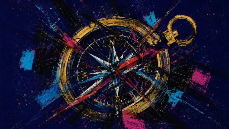 Broken Bearing An abstract image of deadline-driven impostor syndrome, with a compass warped into confusion and c