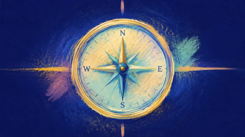 True Bearing An abstract image of deadline paralysis easing, with a compass restored to balance and a steady dire