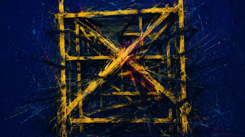 A warped scaffold crushed into a blocked grid, representing productive procrastination, overcontrol,