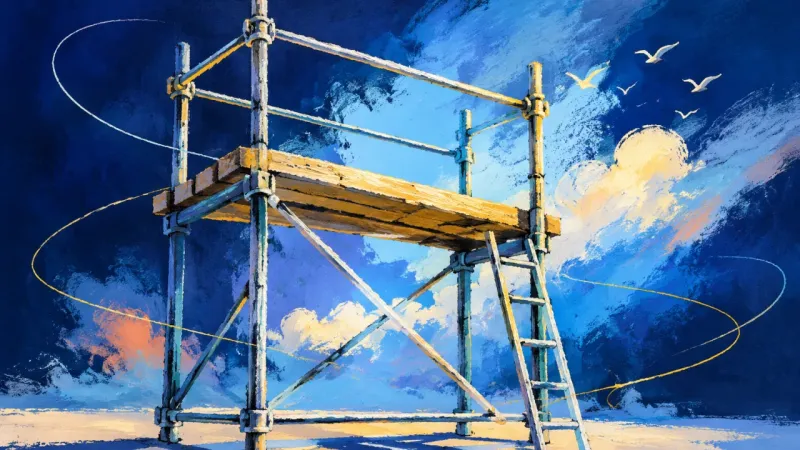 A scaffold restored to a clean open frame, representing a lighter workflow built around one 򟿽