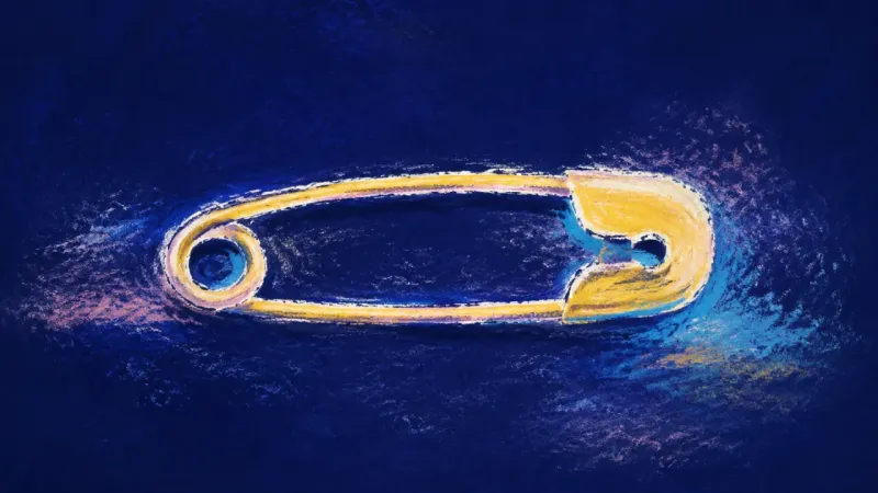 An abstract image of relationship reassurance anxiety easing, where a safety pin closes cleanly and