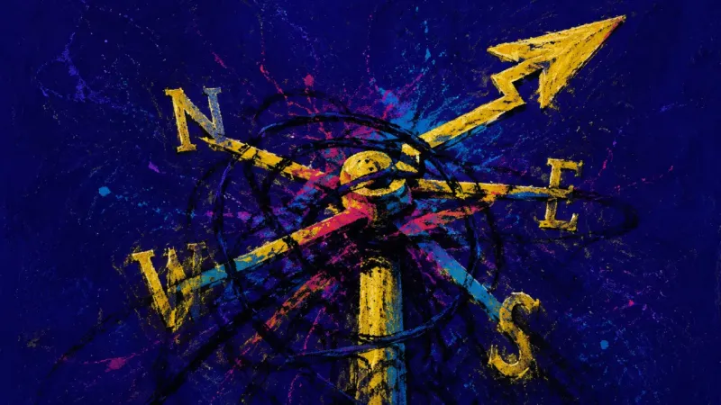 Bent Bearing A distorted weathervane tangled in chaotic lines, expressing automatic people-pleasing and the চাপ