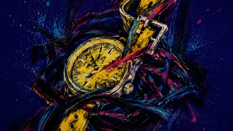 An abstract representation of career comparison anxiety, where a watch is warped by tangled pressure