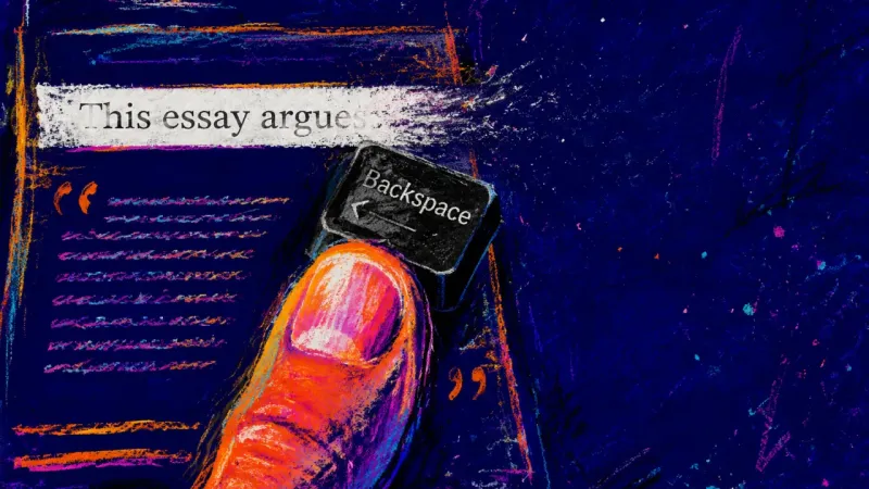 Permission to Delete A thumb holds backspace as 'This essay argues' vanishes and a block quote remains, reflecting a th