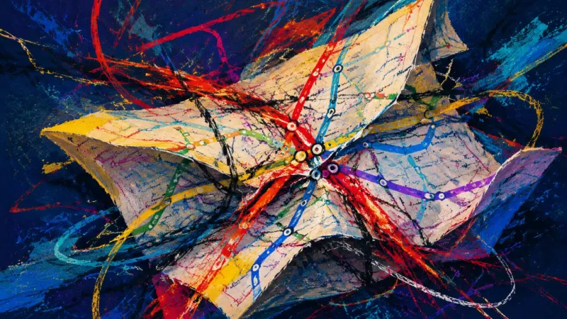 Collapsed Route A subway map collapsed into wrong folds and tangled crossings, representing post-achievement numb