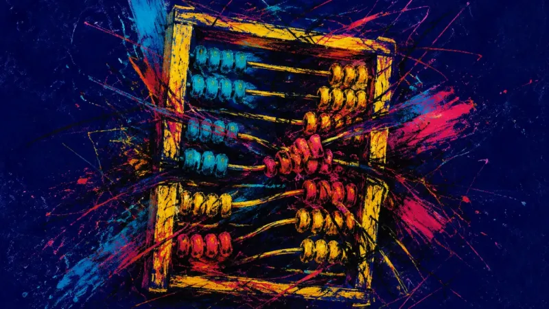 An abstract abacus pulled out of order and crushed by chaotic marks, showing deadline pressure hard