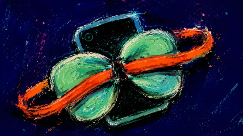 Sleep in Knots A sleep mask cinched around a phone, representing revenge bedtime procrastination and rest tangled a