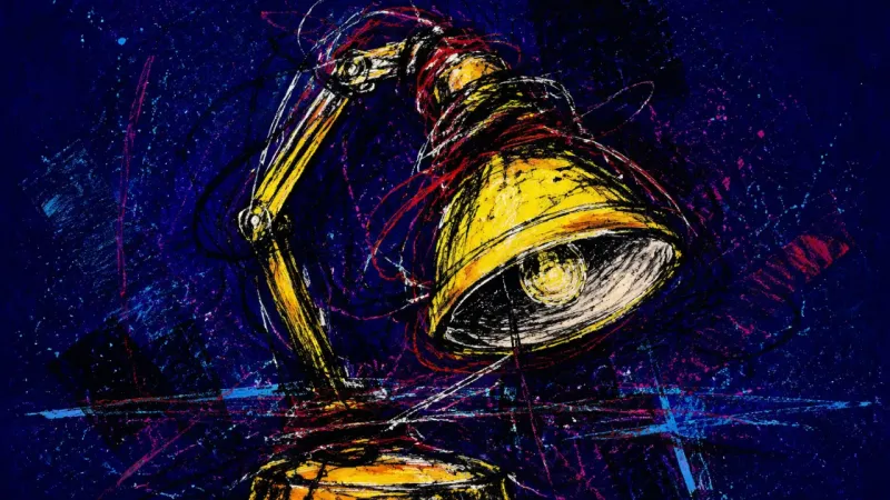 Compulsion Arc A bent lamp trapped in chaotic loops, representing midnight scrolling, overstimulation, and blocked