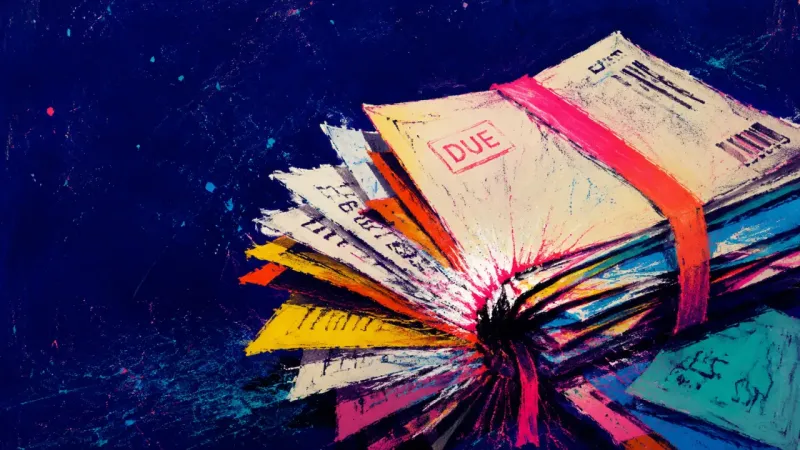 Deferred Weight A stack of unopened mail and receipts bound so tightly the corners flare, reflecting clutter paral