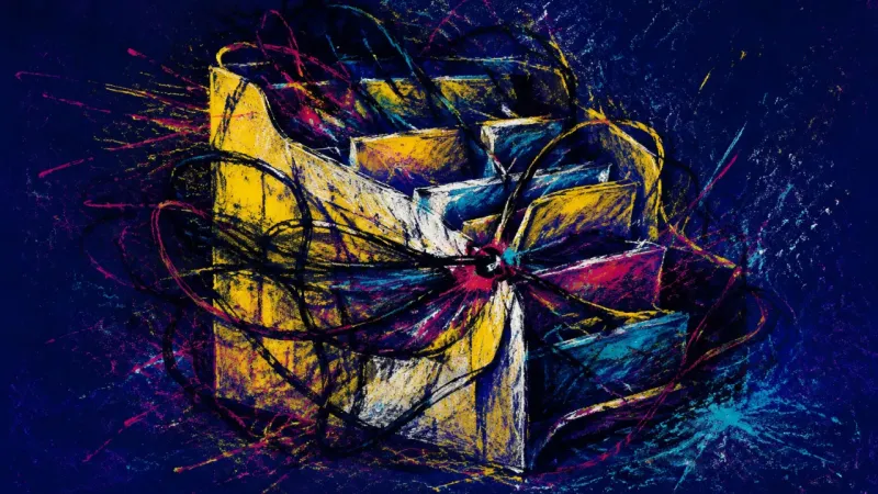Crushed Criteria A mail sorter crushed into blocked compartments by chaotic lines, representing clutter paralysis, d