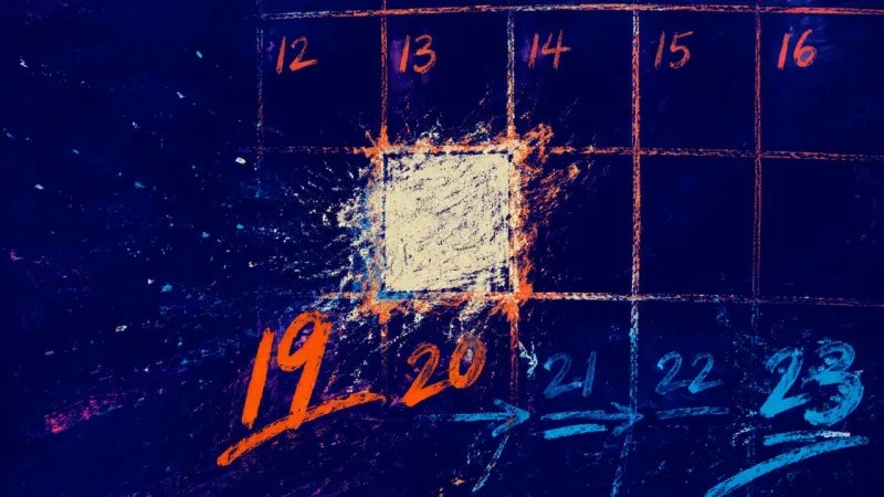 The Restart Scar A weekly board with one missed square scrubbed and rewritten, symbolizing the urge to reset anything