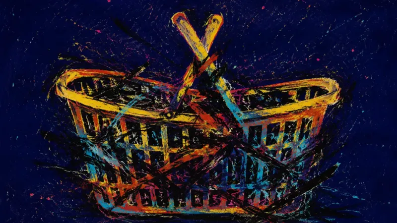 Choked Basket An abstract shopping basket distorted by overload and judgment, representing all-or-nothing self-c